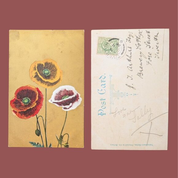 6/$15 Antique Gilded Postmarked Golden Age Floral Postcard Poppies - Picture 1 of 1